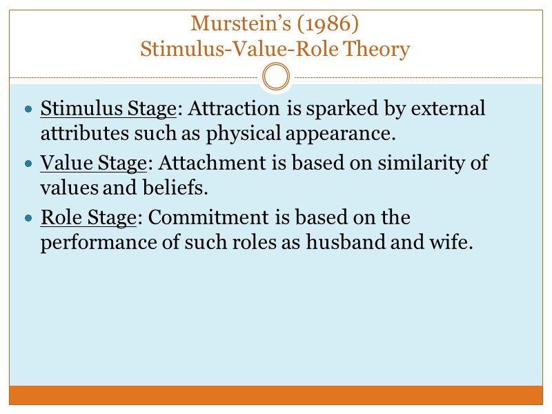 Murstein’s (1986)  Stimulus-Value-Role Theory Stimulus Stage: Attraction is sparked by external attributes such